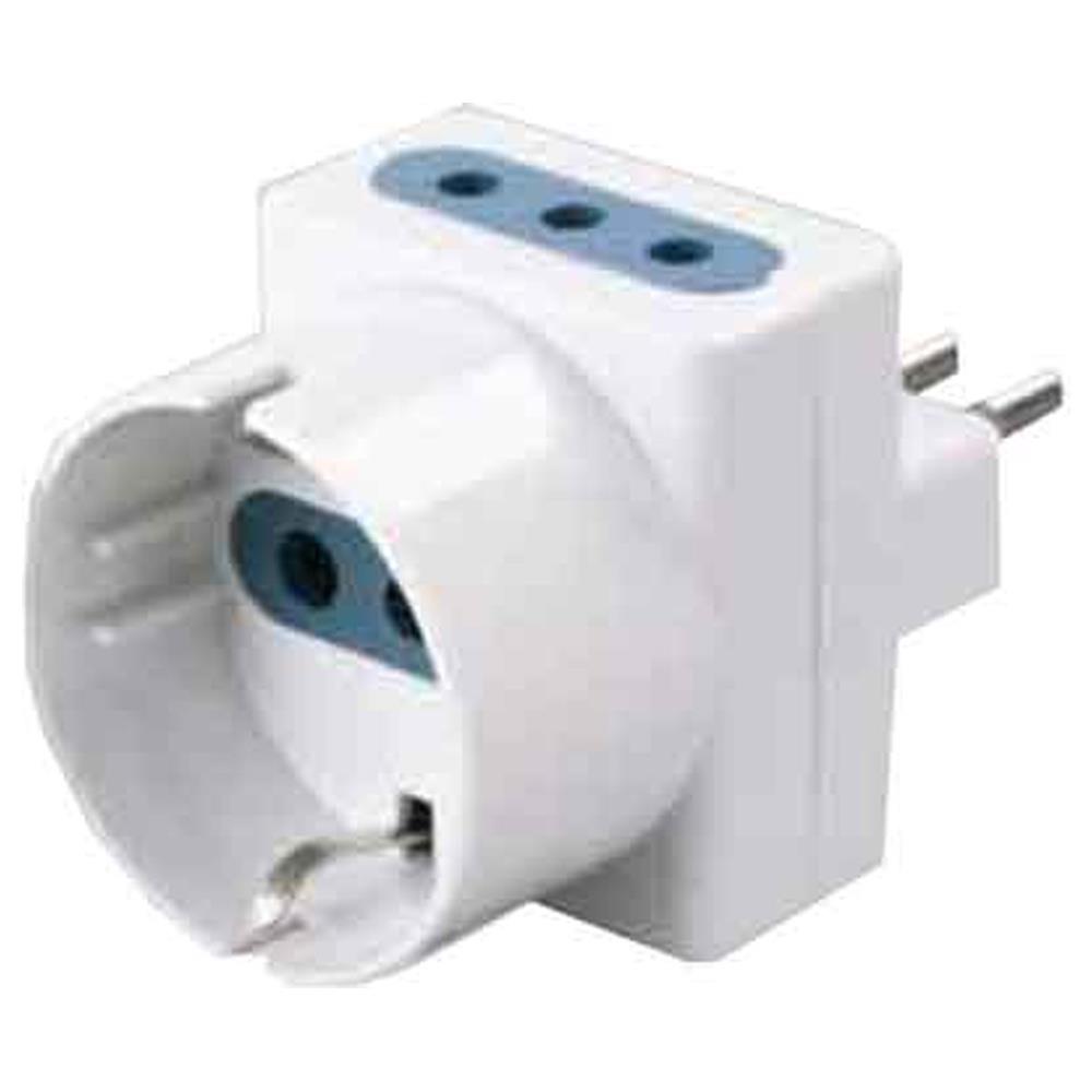 adattatore triplo schuko bivalente 10a cardinale 2p+t- 1 presa schuko + 2 prese 10a 2p+t
