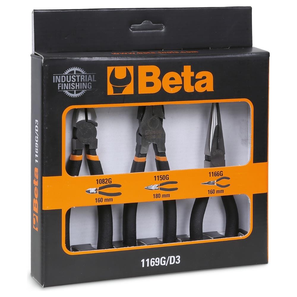 assortimento di 1 pinza universale, 1 pinza becchi mezzotondi lunghi e 1 tronchese, con 2 strati di pvc antiscivolo con finitura industriale beta 1169g/d3