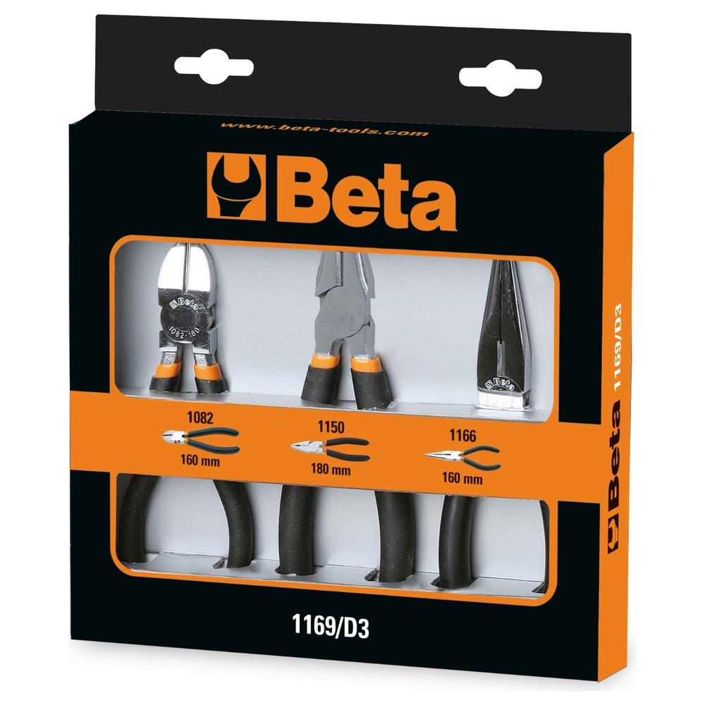 assortimento di 1 pinza universale, 1 pinza becchi mezzotondi lunghi e 1 tronchese, con 2 strati di pvc antiscivolo cromati beta 1169/d3