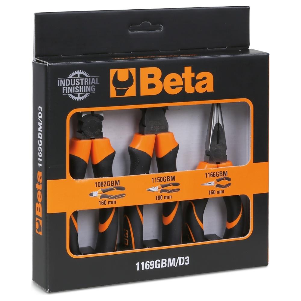 assortimento di 1 pinza universale, 1 pinza becchi mezzotondi lunghi e 1 tronchese, impugnatura bimateriale, con finitura industriale beta 1169gbm/d3