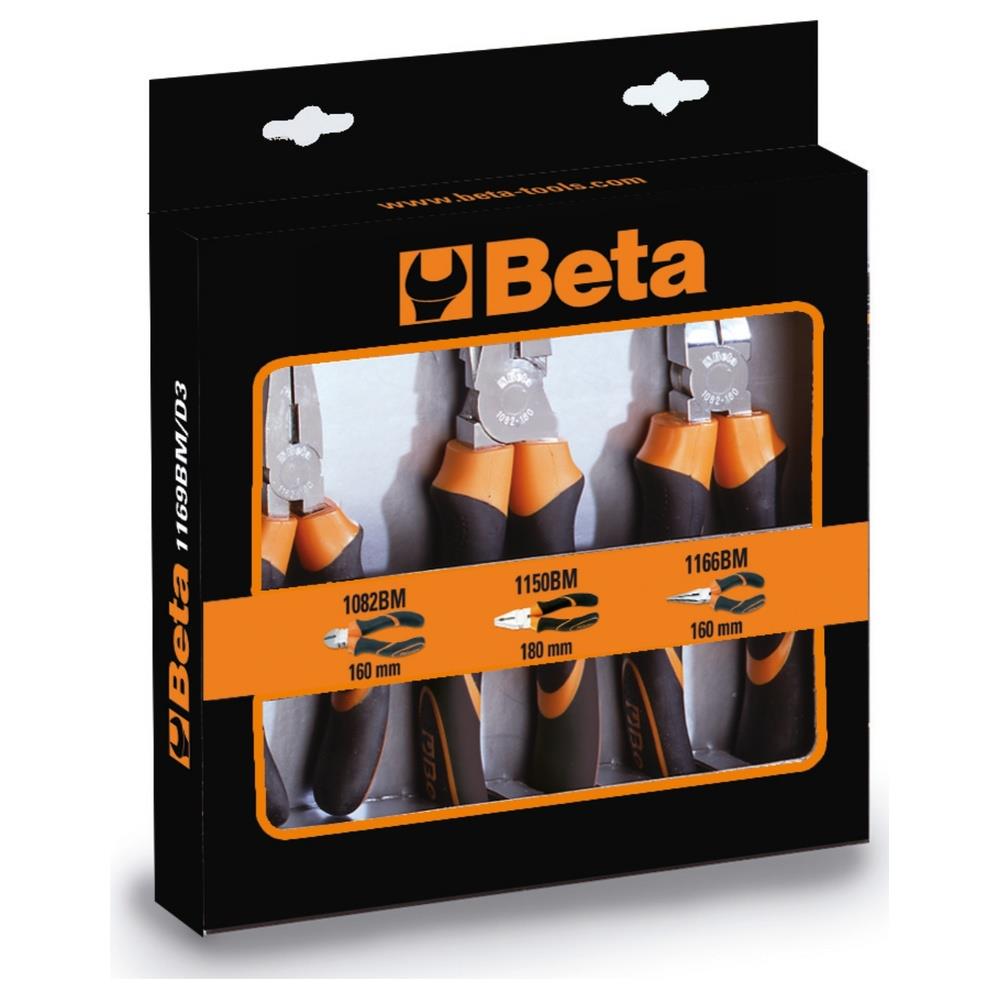 assortimento di 1 pinza universale, 1 pinza becchi mezzotondi lunghi e 1 tronchese, impugnatura bimateriale cromati beta 1169bm/d3