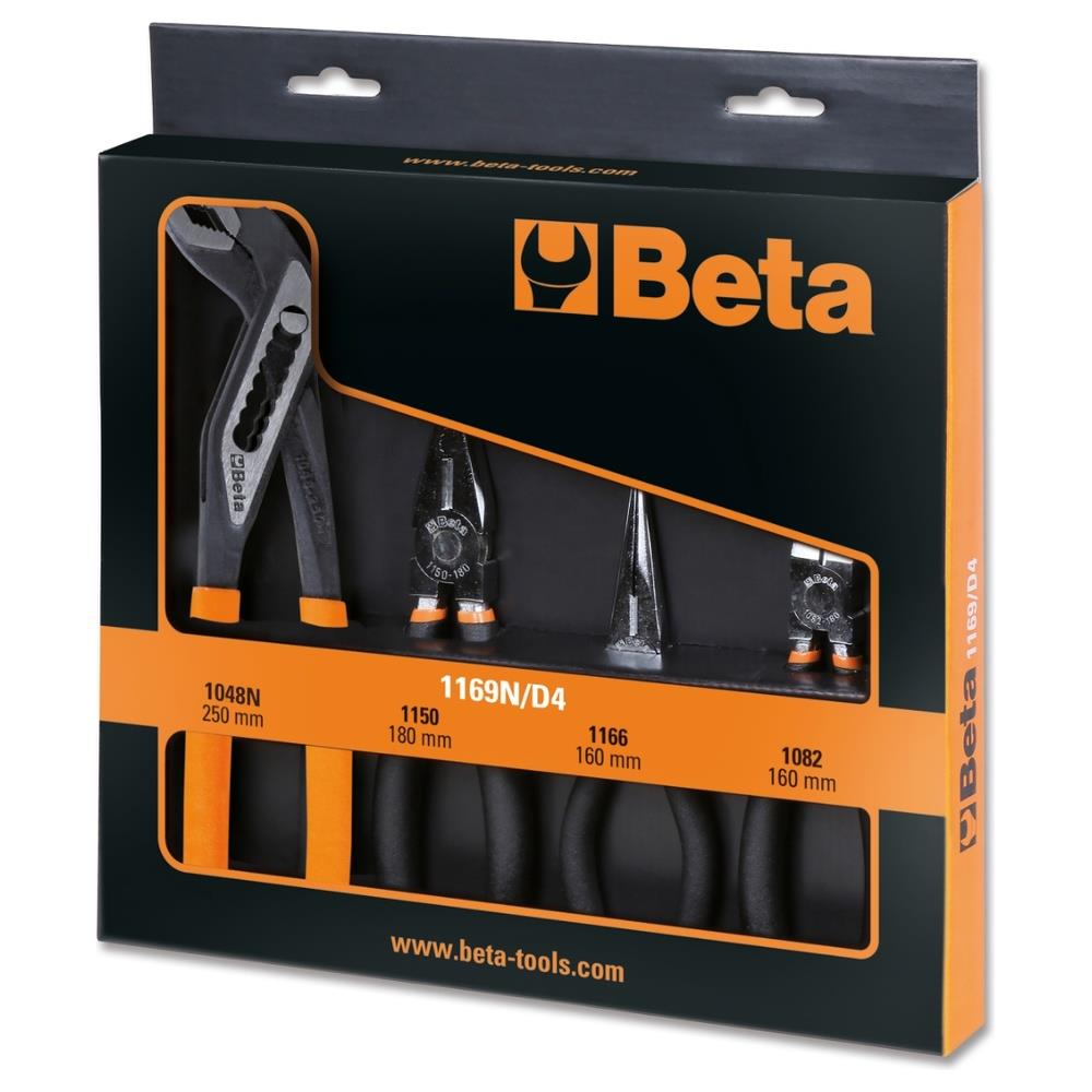 assortimento di 1 pinza universale a grande effetto, 1 pinza becchi mezzotondi lunghi, 1 tronchese cromato e 1 pinza a cerniera chiusa fosfatata  beta 1169n/d4