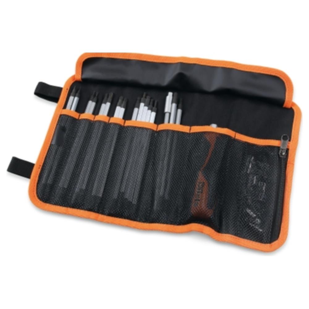 assortimento di 16 giravite bivalenti, 9 chiavi a bussola 1/4", 2 accessori e 1 impugnatura di manovra, in busta di poliestere resistente beta 1281bg/b28na