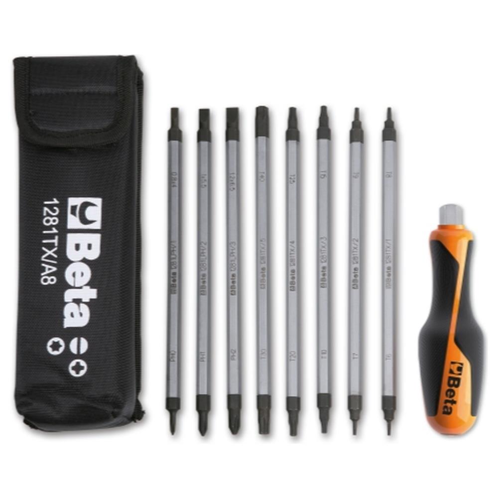 assortimento di 8 giravite bivalenti e 1 impugnatura di manovra, in astuccio beta 1281bg-tx/a8
