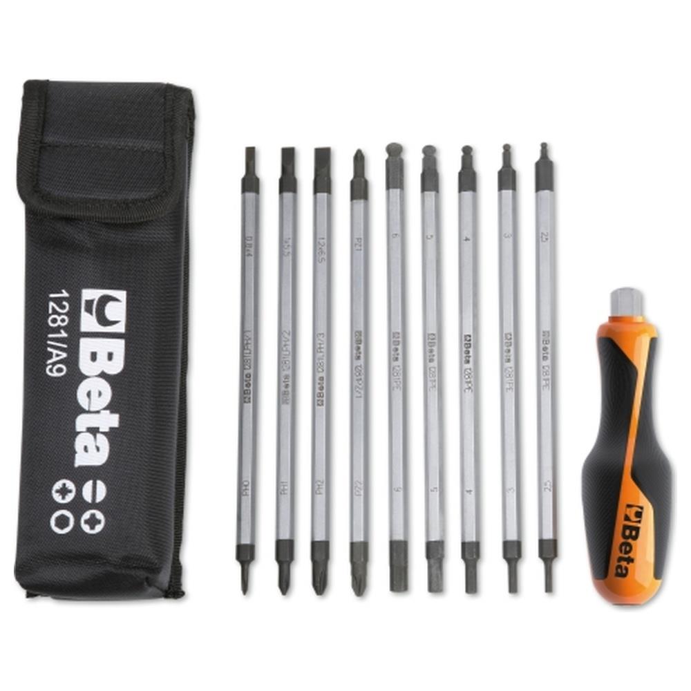 assortimento di 9 giravite bivalenti e 1 impugnatura di manovra, in astuccio beta 1281bg/a9