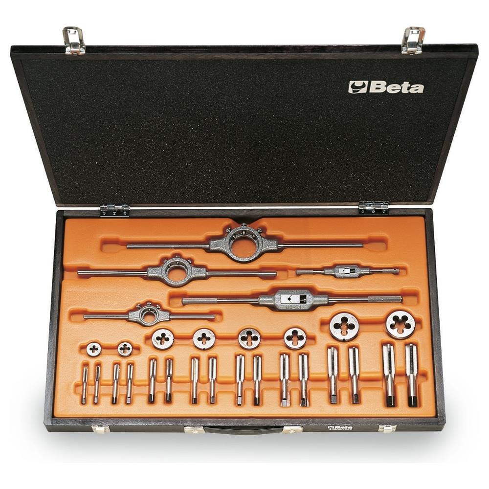 assortimento di maschi e filiere con accessori in acciaio al cromo filettatura unf in cassetta di legno beta 433asf