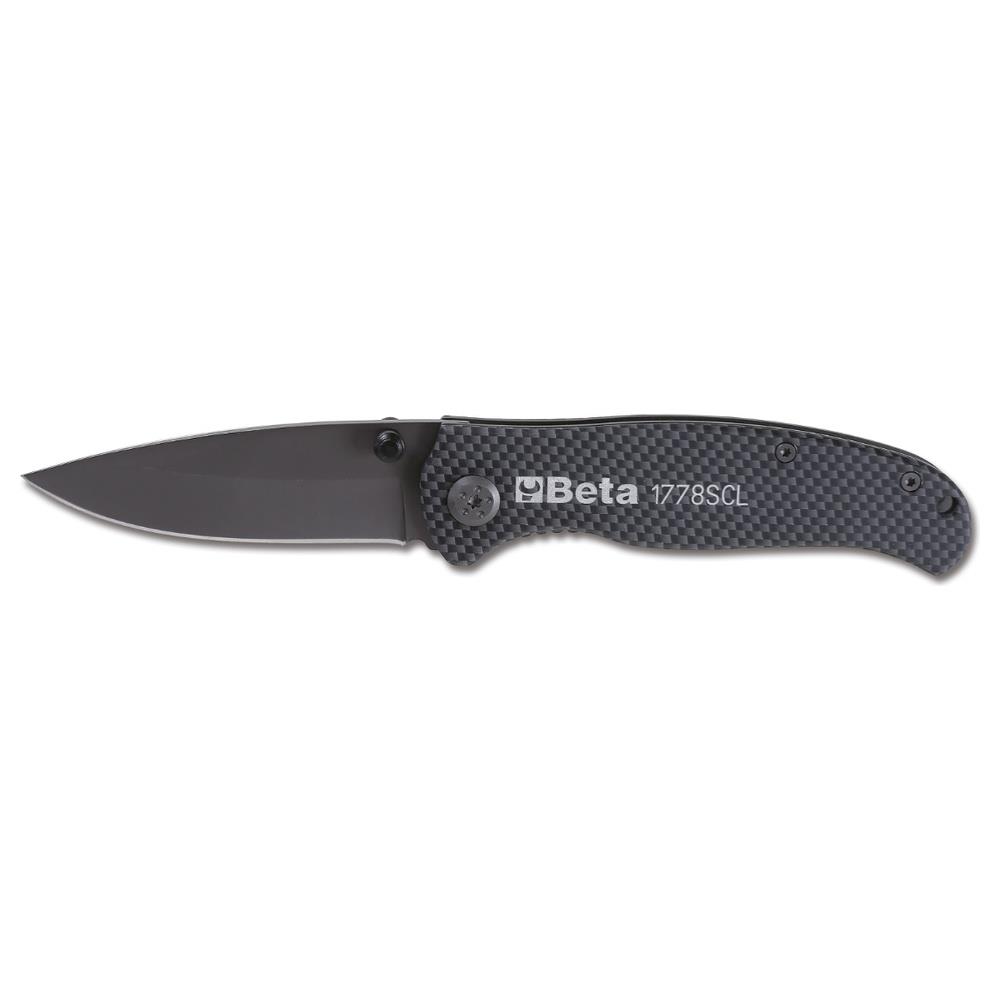 coltello a serramanico con finitura soft carbon look lama in acciaio temprato • in astuccio  beta 1778scl