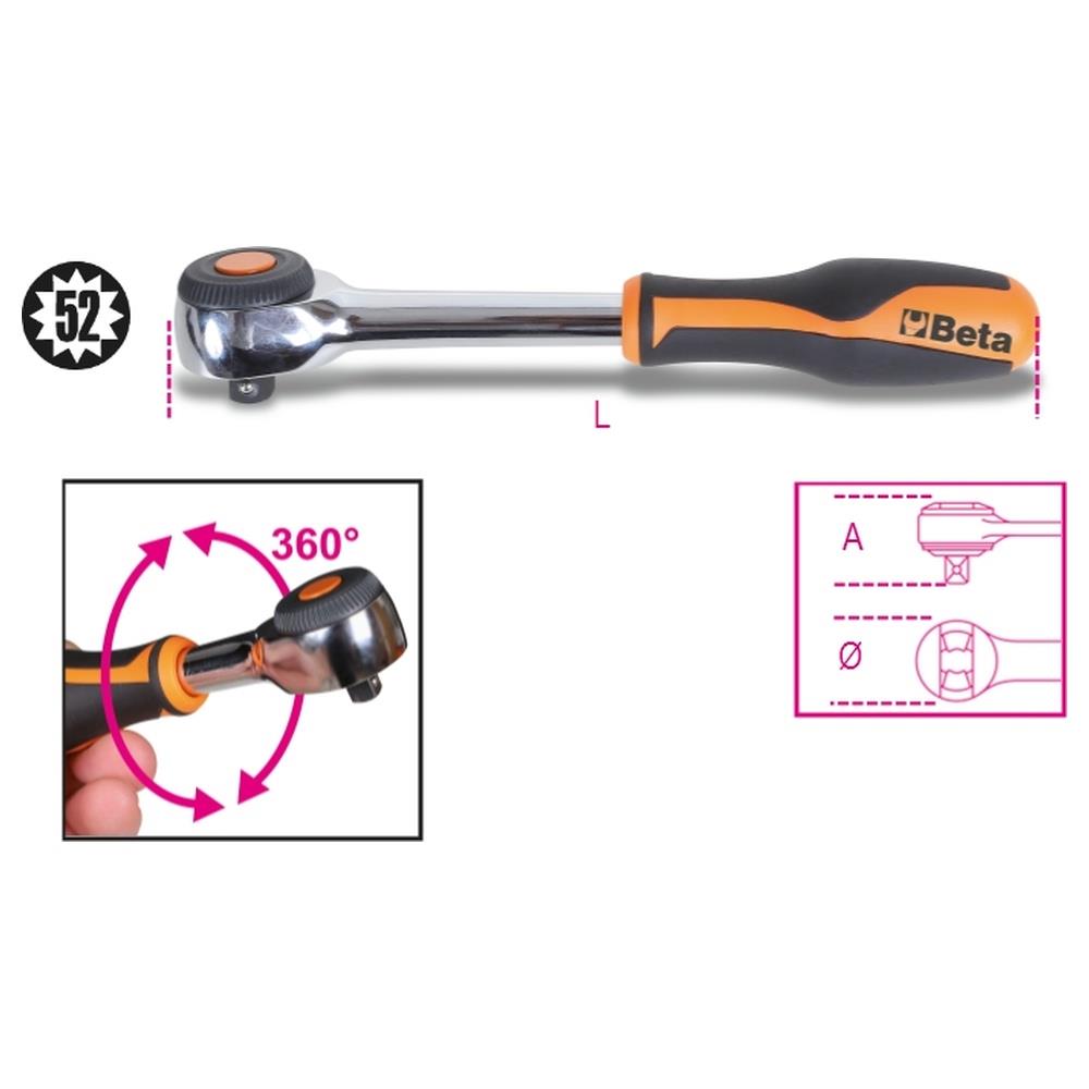 cricchetto reversibile con impugnatura rotante con attacco quadro maschio 3/8" meccanismo a 52 denti beta 910/58
