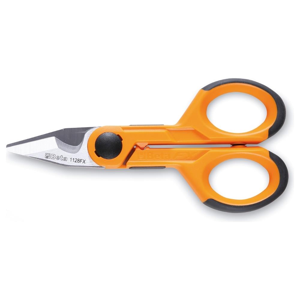 forbici per elettricisti lame dritte in acciaio inossidabile con microdentatura, gola tranciacavo e crimpatore per terminali a tubetto. beta 1128fx