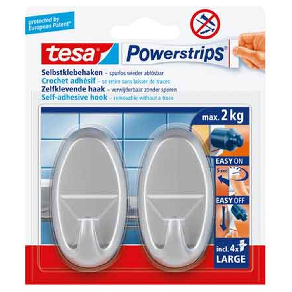 gancio ovale 'powerstrips' argento mod. l, 2 ganci + 4 strisce - portata 2 kg