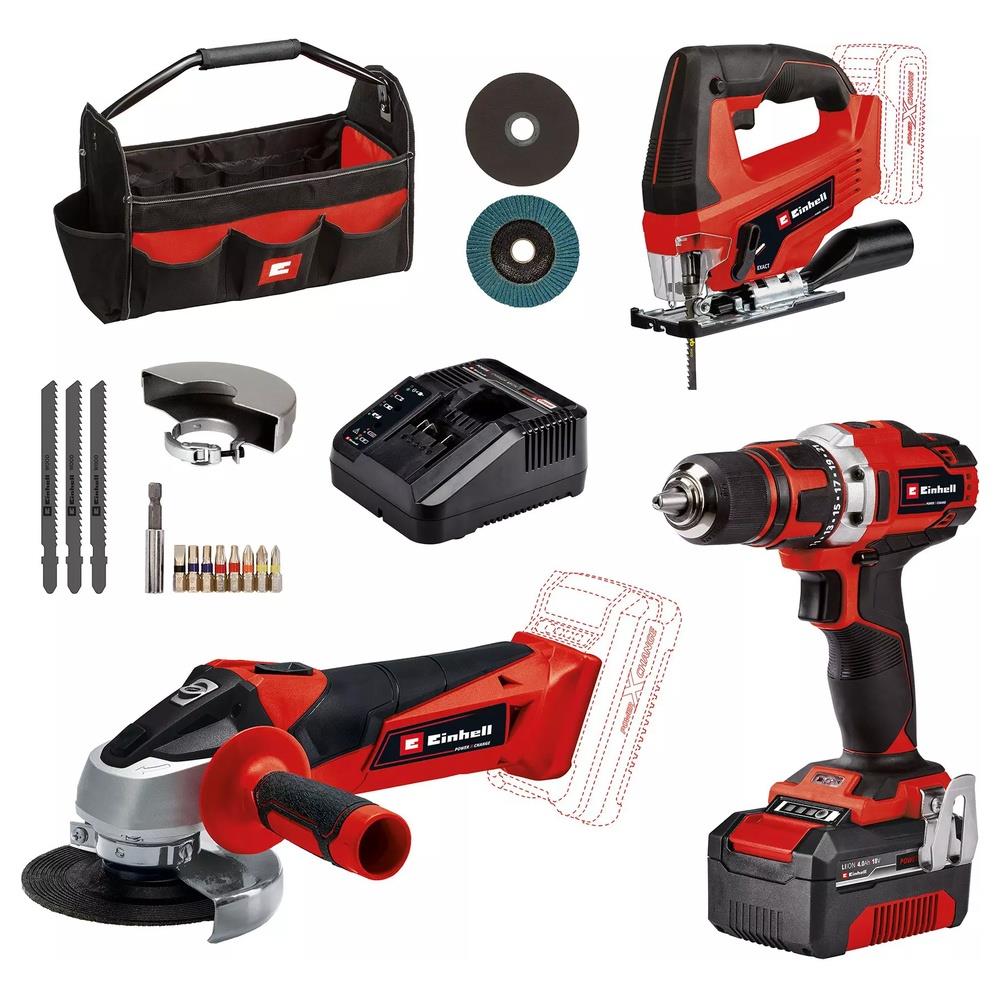 kit einhell smerigliatrice, trapano e seghetto a batteria te-t