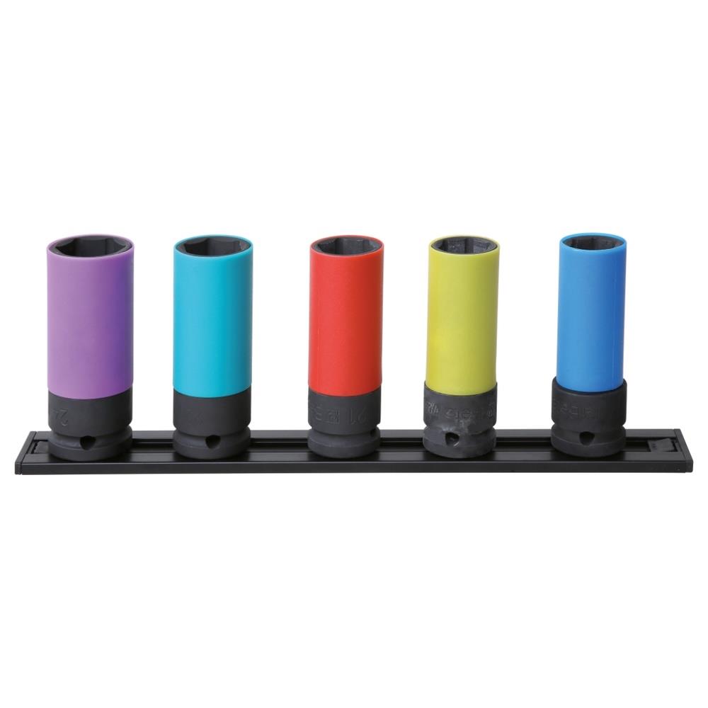 serie 5 chiavi a bussola macchina per dadi ruote con inserti polimerici colorati con attacco da 1/2", su guida magnetica beta 720lc/pm5