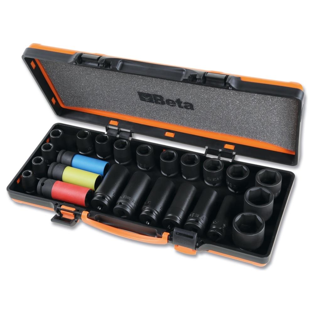 serie di 24 chiavi a bussola macchina con attacco quadro femmina 1/2" fosfatate, in cassetta di lamiera beta 720/c24