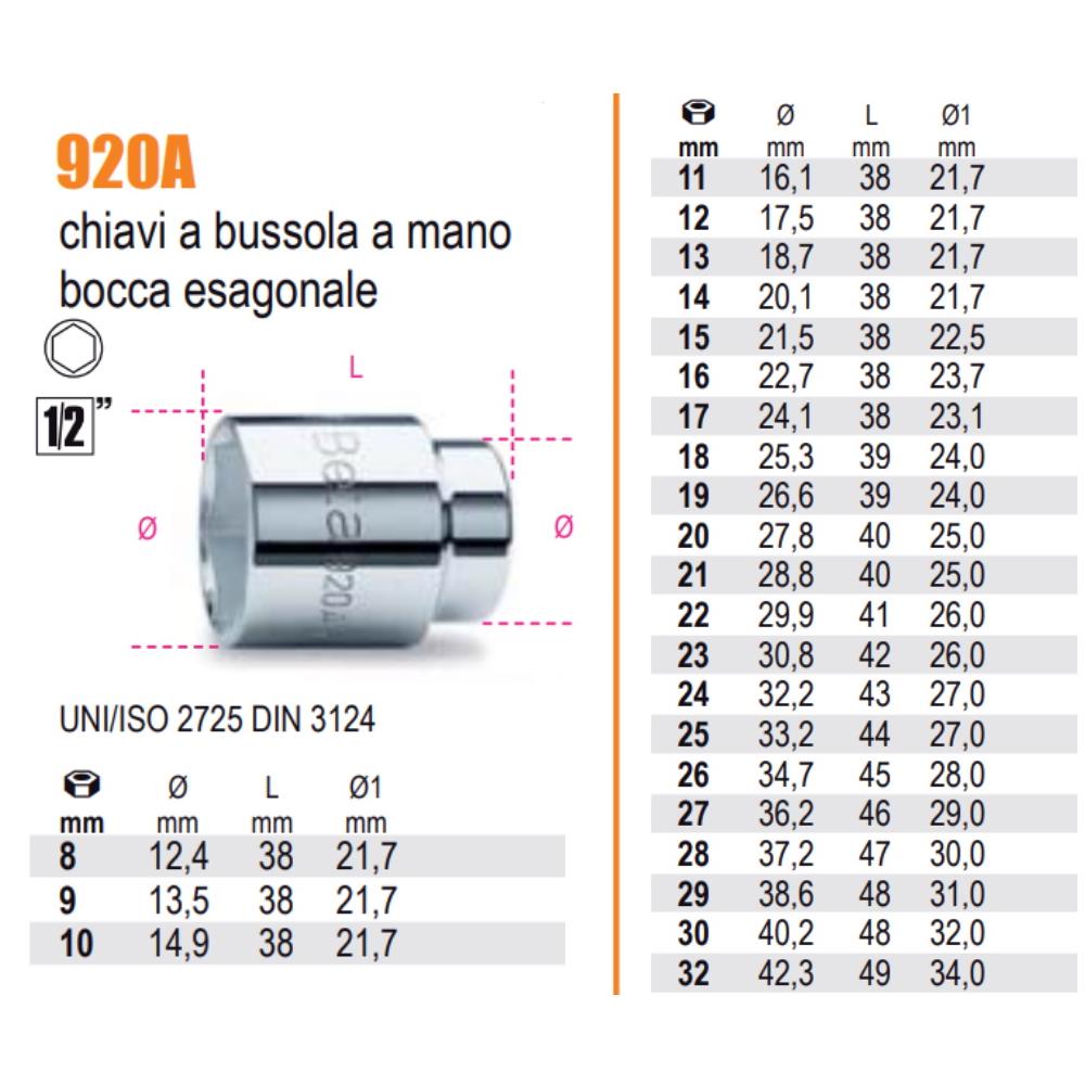 Beta Chiavi a Bussola Da 1/2 Esagonale 920A mm 30-920Amm30 Beta 